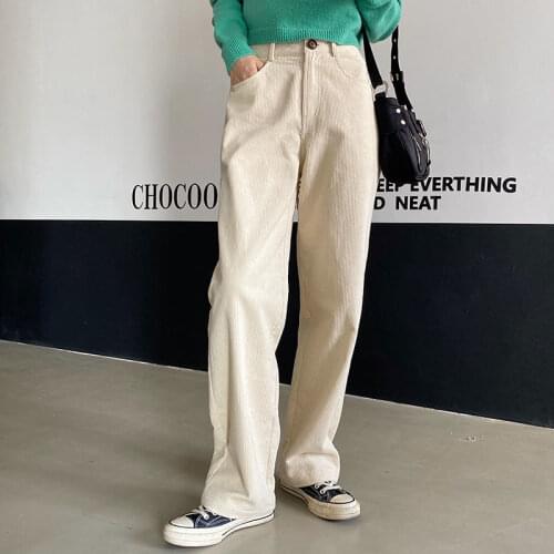 Retro Corduroy Wide-leg Pants Woman Streetwear Beige Brown Spring Autumn 2021 Woman Trousers High Waist Straight Mop Pants Mom