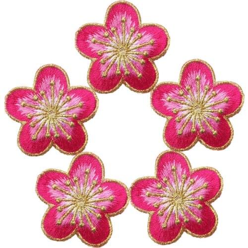 5PCS Pink Plum Blossom Flowers Gradient Color Embroidered Patches Sew Iron On Badges For Clothes DIY Appliques Decoration