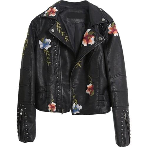 2021 Embroidered Rivet Leather Female Spring Short Slim Self-cultivation Motorcycle Jackets Wild Thin Embroidery Womens Coats