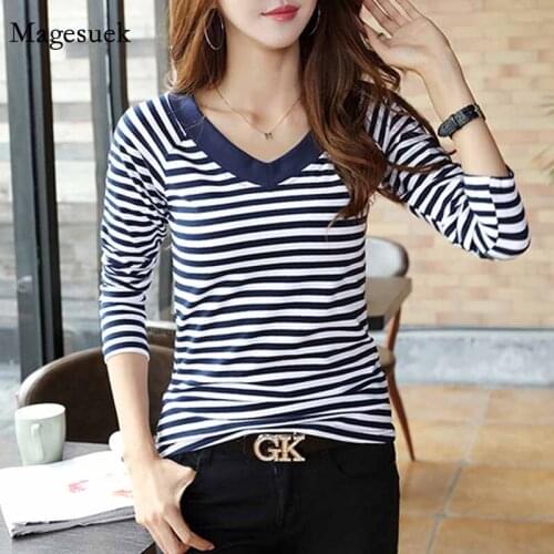 Long Sleeve Female Shirt Fashion Casual Women Striped New T-Shirt 2021 Autumn V-neck Womens Tops Tee Femme Top Shirts 7537 50