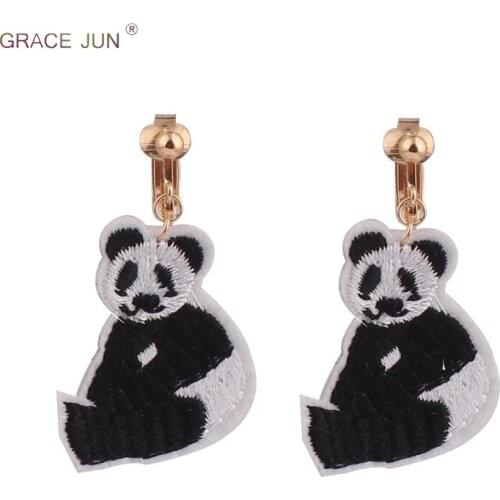 GRACE JUN Clip on Earrings No Pierced for Women Student Fashion Vintage Panda Shape Embroidery Cloth No Hole Ear Clip No Allergy