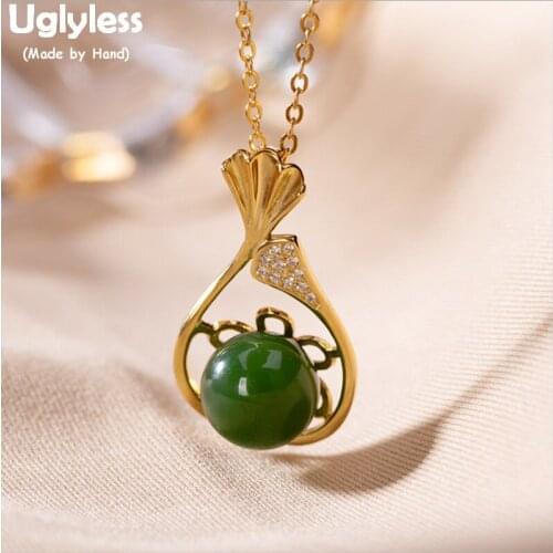 Uglyless Ginkgo Leaf Pendants for Women Natural Jade Jasper Balls Gemstones Necklaces +Chains Real 925 Silver Fine Jewelry P1014
