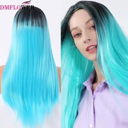 FLOWER-Womens long straight synthetic wig wig natural hair black dark brown heat-resistant daily wear headgear wig