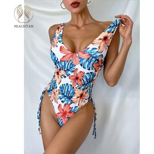 Peachtan Drawstring one piece swimsuit women Floral print swimwear female Sports monokini Sexy bathing suit beach summer 2021