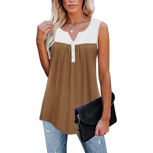 Womens Vest T-shirt 2021 Summer Pleated Sleeveless V-neck Button Stitching Tops Tees Casual Loose Vest Woman Tshirts