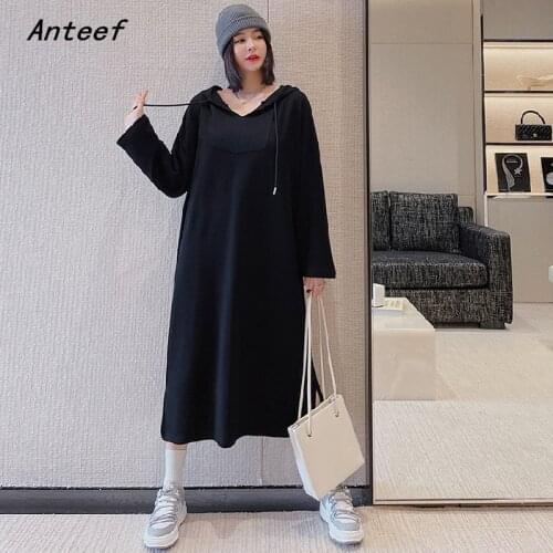 Anteef long sleeve plus size hoodies cotton dresses for women casual loose spring autumn sweatshirts dress elegant clothing 2021