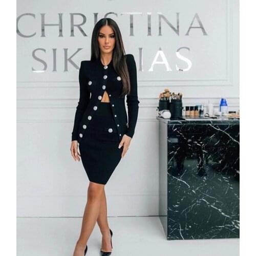 New Black Bandage Dress 2020 Long Sleeves Button Midi Bodycon Dress Celebrity Evening Party Wear Vintage Vestios Bandagem
