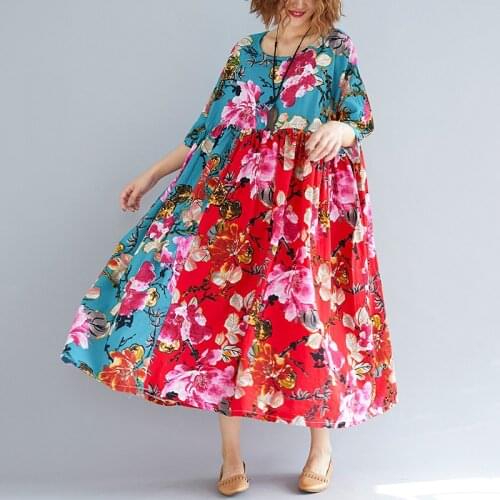 Johnature Vintage Dress Patchwork Print Floral Robes Women Cloths 2021 Summer New O-Neck Short Sleeve Korean Dress