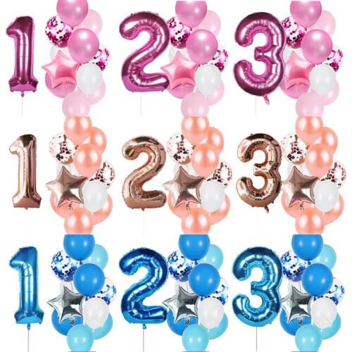12Pcs/set Pink Blue Rose Gold Number Foil Latex Balloons Kids Birthday Party Decoration 1st One Year Birthday Boy Decor Balloon