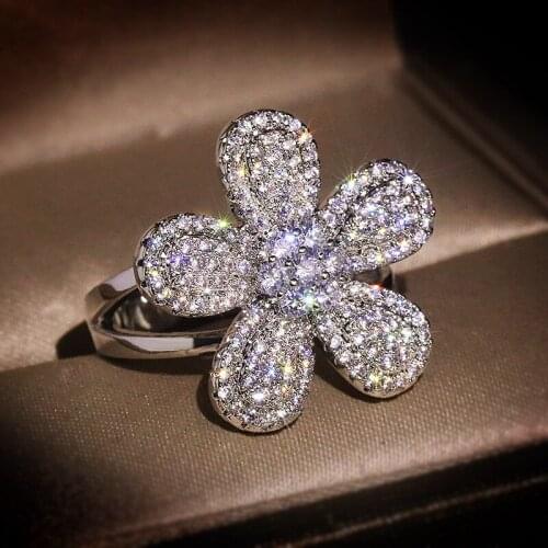 2020 New Korean Wave Inlaid Zircon Luxury Flower Shape Ring Exquisite Fresh Lovely Romantic Opening Adjustable Ring