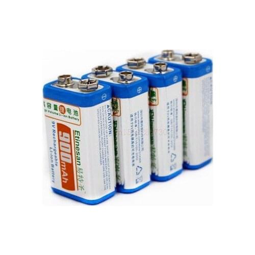 4PCS/lot ETINESAN 9v SUPER BIG 900mAh li-ion lithium Rechargeable 9Volt Battery Manufacturers warranty