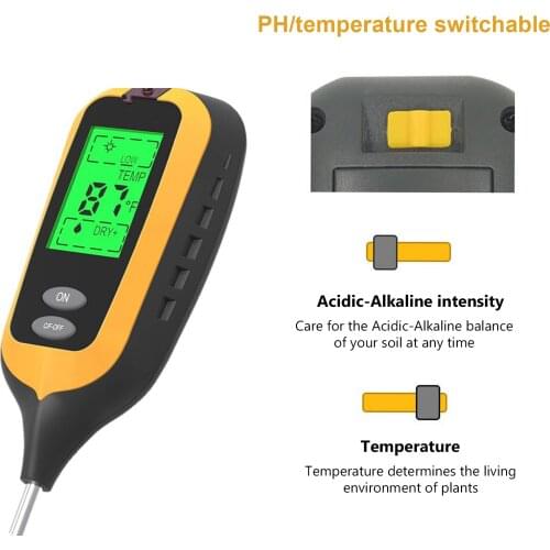 4 In 1 Digital Soil PH Meter Moisture Monitor Temperature Sunlight Humidity Tester For Gardening Plants Farming With Blacklight
