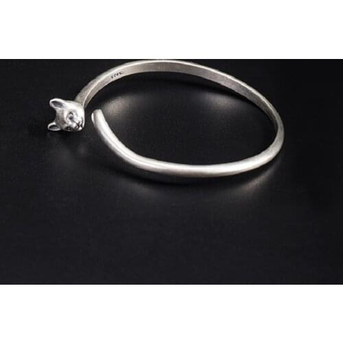 925 Silver Vintage Bracelet Female Ins Design Ancient Solid Young Style Antique Cat Head Open Bracelet Jewelry