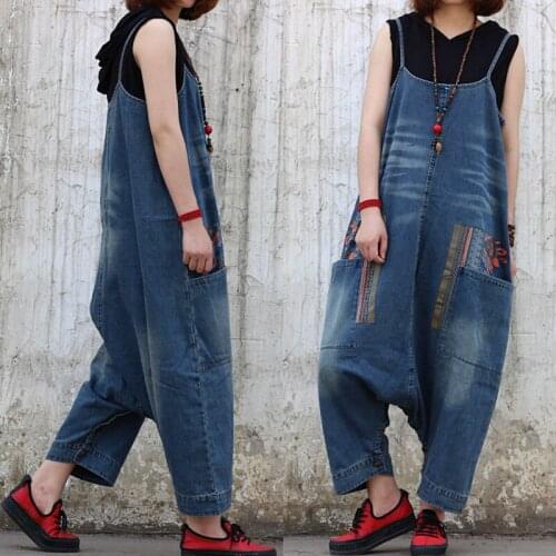 Free Shipping 2019 New Fashion Women Loose Jumpsuits And Rompers With Pockets Plus Size Strap Overalls Summer Denim Ankle-length