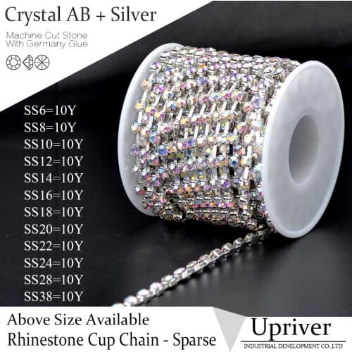 Upriver 10yards/roll Silver Base Shiny Strass Chain Sparse Claw Glass Crytstal AB Rhinestone Cup Chain For Sewing Dress Clothes
