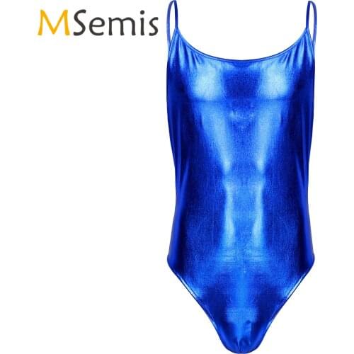Men Sissy Patent Leather Bodysuit Shiny Metallic Solid Color Spaghetti Strap Leotard Lingerie Night Stage Performance Clubwear