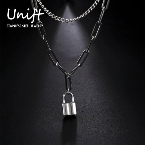 Unift Aesthetic Lock Pendant Necklace for Men Boy Padlock Choker Stainless Steel Layered Chain Punk Goth Party Jewelry Gifts