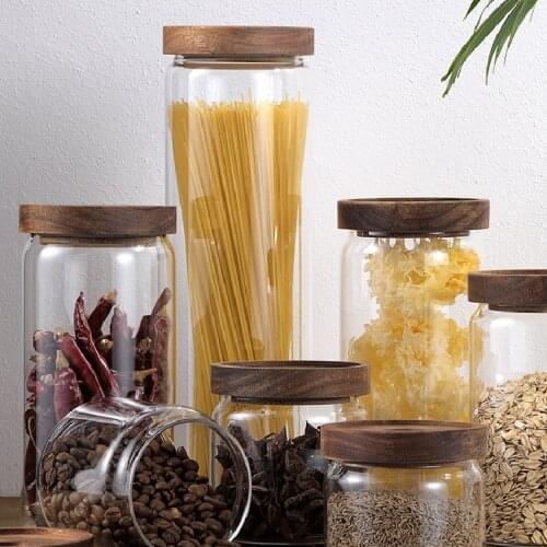 Environmental Glass Airtight Canister Clear Jars Cereal Container Food Storage Bottles Coffee Tea Storage Jar Can With Wood Lids