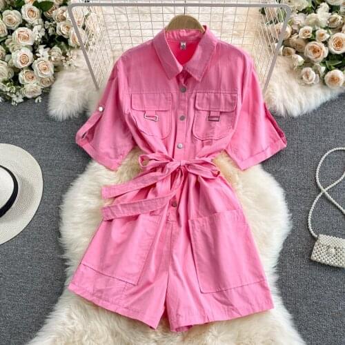 JulyPalette Solid Sashes Women Playsuits Short Sleeve Buttons Cotton Female Romper Jumpsuit 2021 Summer Loose Ladies Overalls