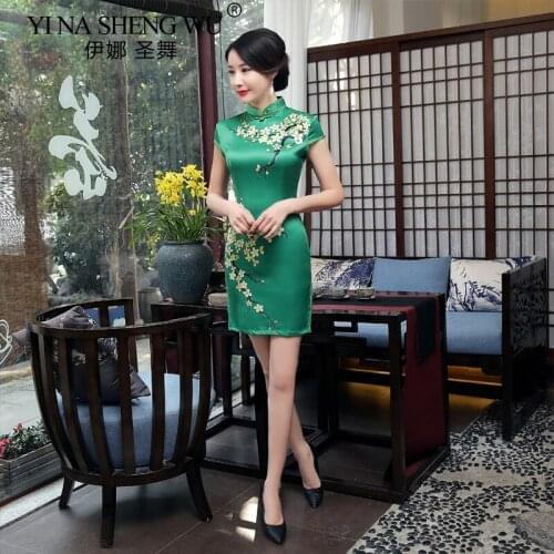Chinese Fashion Elegant Cheongsam Wedding Dress Improved Short Satin Silk qipao Printed Evening Women Retro Slim Open Cheongsam