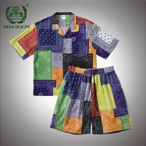 Summer Vintage Cashew Flowers Shirts+Shorts Sets Mens Hip Hop Streetwear Patchwork Casual Loose Short Sleeve Two-piece Suit Male