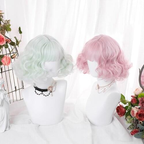 Creamy Kawaii Lolita Wig Harajuku Princess Vintage Pink Mint Green Short Curly Hair Chic Girls Bestie Cosplay Daily Wear