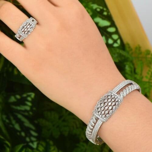 LARRAURI Luxury AAA cubic zirconia micro pave setting rose flower shaped big bangle rings sets womens accessaries