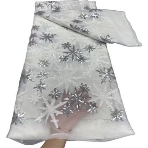Fashion African Mesh Lace Fabric High Quality Sequins French Lace Fabric 3D Applique Mesh Lace For Wedding Sewing White/silver