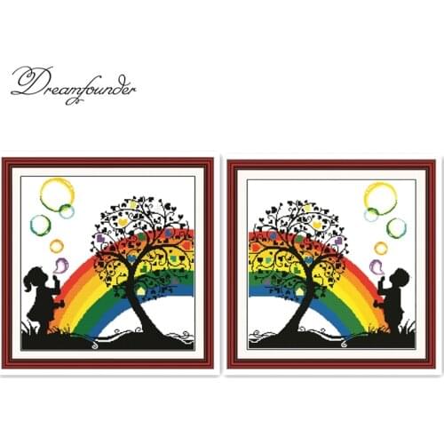 Rainbow bubble cross stitch kit boy girl people 18ct 14ct count fabric canvas stitches embroidery DIY handmade needlework plus