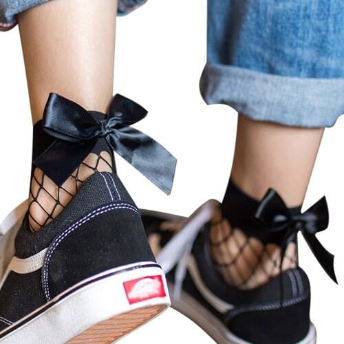New Summer Sexy Womens Bowknot Fishnet Ankle Socks Mesh Lace Hollow Out Short Socks