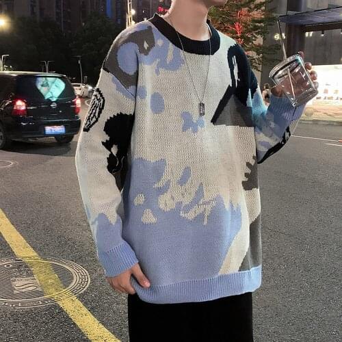 Autumn Winter Japanese Retro Sweater Mens Contrast Color Abstract Pattern Pullovers Ins Loose Blue Knitting Clothing Fresh Warm