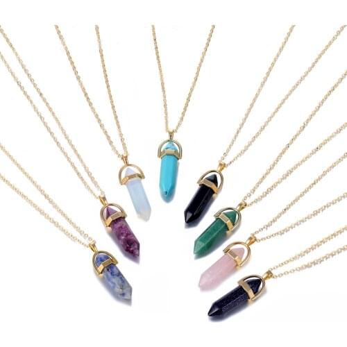 Hexagonal Column Quartz Bullet Pendant Necklace Natural Stone Necklace Pink Crystal Pendants Necklaces For Women Jewelry