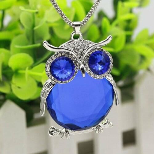 Crystal Owl Pendant Necklace Rhinestone Blue White Long Sweater Chain Women Girls Animal Clothing Accessories Family Friends New