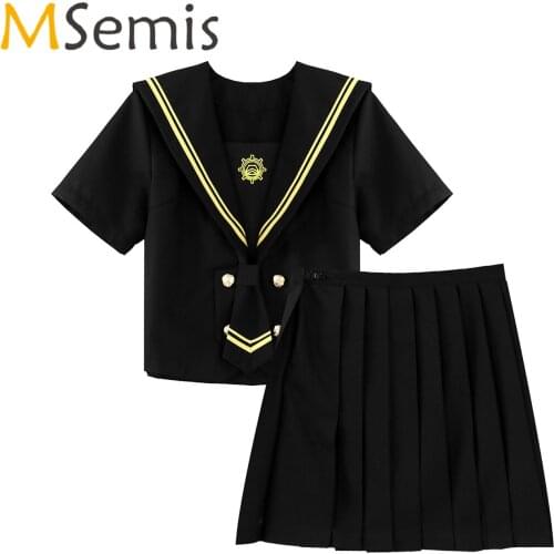 Sexy Womens Schoolgirl Cosplay Costume School Girls Uniform Set Sailor Collar Short Sleeve Tops with Pleated Skirt Bow Tie