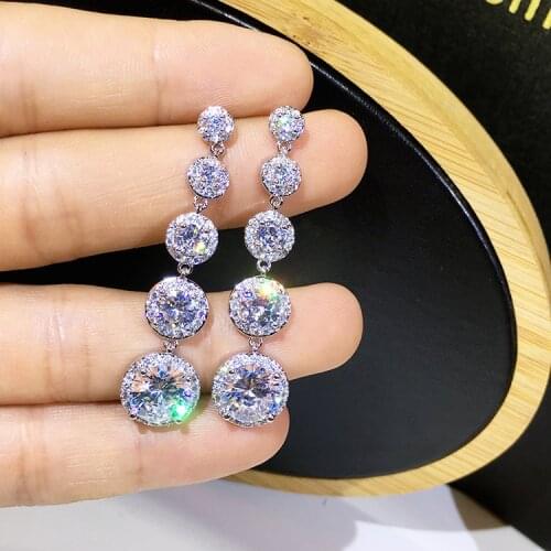 Luxury Solid 925 Sterling Silver Dangle Long Earrings for Women Girls Shiny Roudn Zircon Drop Earrings Female Wedding Jewelry