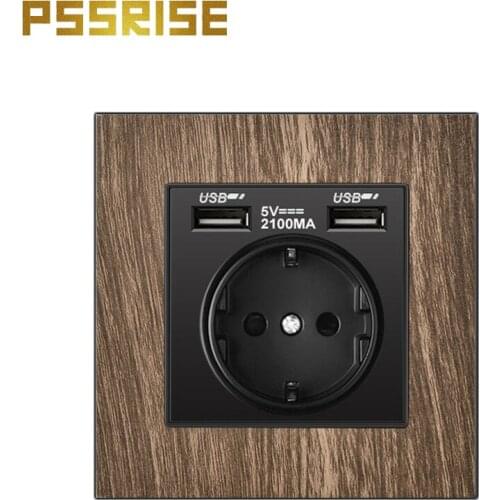 PSSRISE Wall Dual USB EU Power Socket, Wood Grain Aluminum Alloy Panel, 86*86mm, Bedroom Socket, 16A Wall Embedded Socket Korea