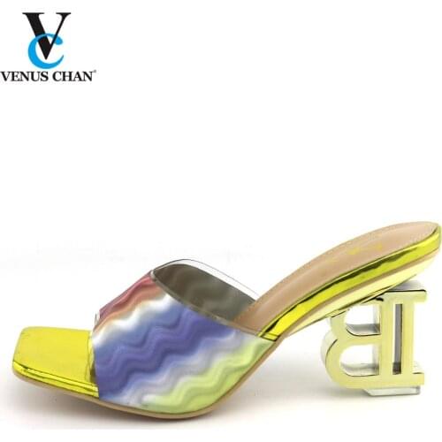 Summer Slippers Women Shoes Slides Rubber PVC Solid Outside High Heels Adult Shallow Rome Square Toe Platform New 2020