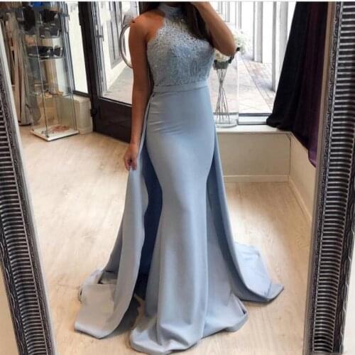 Vintage Mermaid Arabic Long Evening Dress Party Elegant Sky Blue Celebrity Dubai Caftan Prom Gowns Removable Skirt Formal Dress