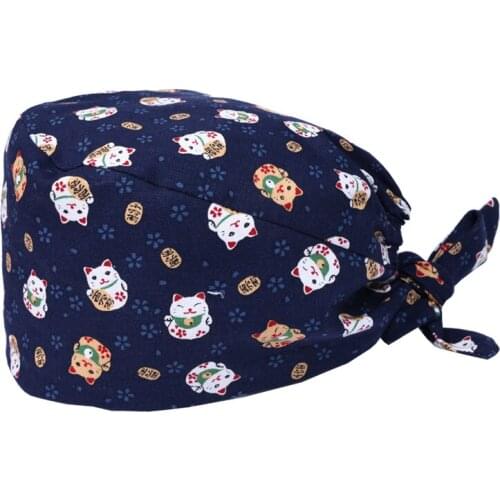 Japanese Lucky Cat Scrub Caps Veterinary Nurse Scrubs Hat 100% Cotton Women Men Print Vet Pet Doctor Working Skull Cap M185
