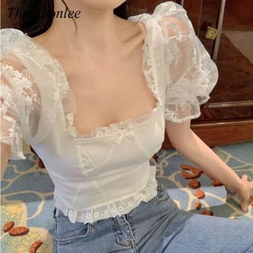 Women Korean White Sweet Casual Blouse 2021 Summer Puff Sleeve Lace Print Floral Kawaii Blouse Shirt Chic Design Retro Cute Tops