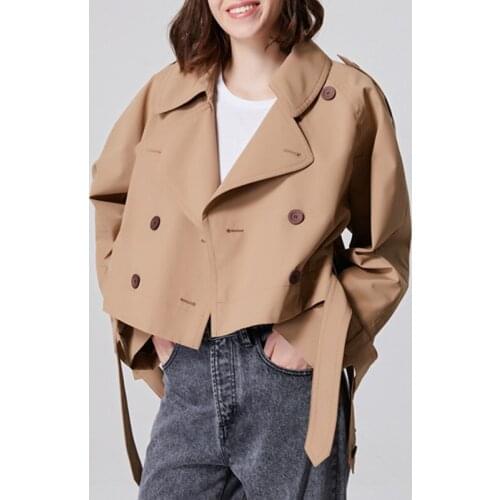 Women Trench Coat Simple Elegant Double Breasted Lace-up Long Sleeve Female Short Windbreaker Autumn Winter 2021