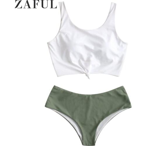ZAFUL Knotted Color Block Tankini Set For Women Round Collar Mix And Match Tankini Padded Two Pieces Swimsuit Natural Waist Sets