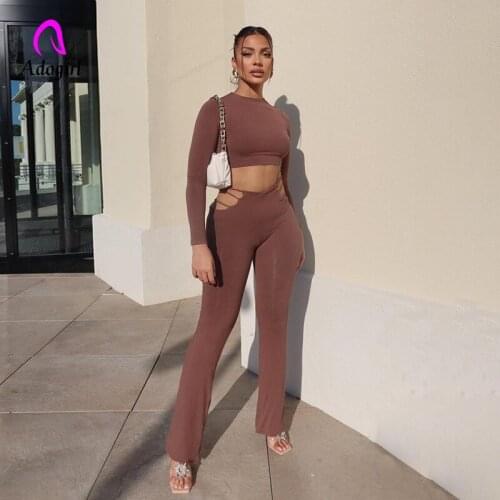 Fitness Women 2 Piece Set Solid Long Sleeve Crop Top + Hollow Out Flare Pants Matching Set 2021 Autumn Workout Basic Tracksuit