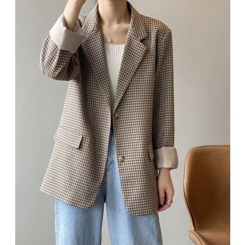 Vintage Plaid Blazer For Women Spring Korean Style Loose Jacket Female Autumn Office Casual Notched Collar Suit Coat