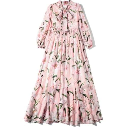 Summer Fashion Designer Lily Floral Print Maxi Dress Womens Bow Tie Collar Pink Elegant Pleated Holiday Chiffon Long Dresses