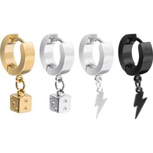 2020 Trendy 1 Pair Square Pendant Earrings for Men Women Cool Lightning Dice Dangle Earrings Stainless Steel Piercing Jewelry