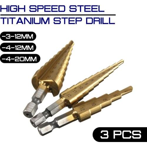 3PCS High Speed Steel Titanium Step Drill Bits HSS 3-12mm 4-12mm 4-20mm Wood and Metal Drilling Power Tools