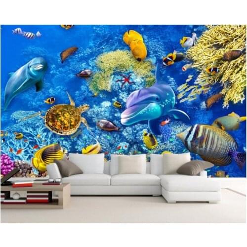3d wall murals wallpaper for walls 3 d wallpaper sea world dolphin tortoise coral room decor Custom mural photo painting
