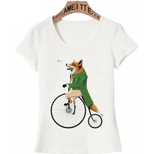 AMEITTE New Summer Fashion Women T-Shirt Funny Fox Riding Bike Chase of Dragonfly Print T-Shirt Girl Casual Tops Cartoon Tees