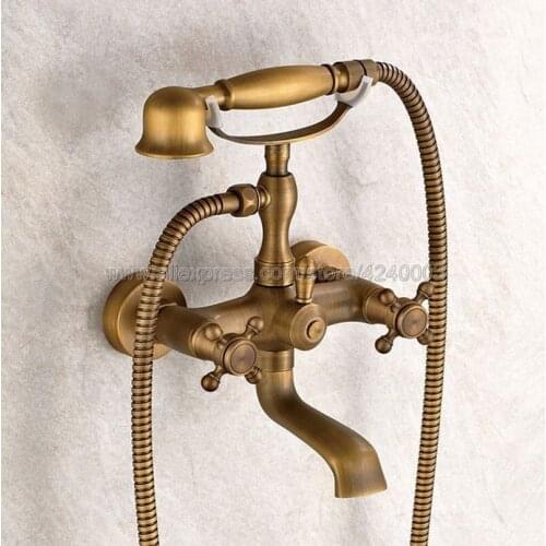 Antique Brass Bathtub Faucet Wall Mount Handheld Bath Tub Mixer System with Handshower Telephone Style Ktf009